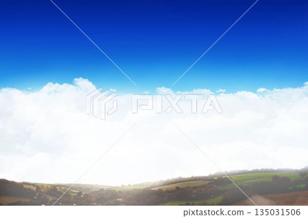 Rolling green hills are rising in flat rural landscape, with patchwork fields, trees under clouds 135031506