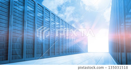 Data center corridor is being shown in flat design, featuring vented server racks with LED lights Data center corridor is being shown in flat design, featuring vented server racks with LED lights 135031518
