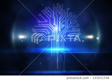 Neon-blue circuit-tree is glowing in flat design future space, featuring light flare and particles Neon-blue circuit-tree is glowing in flat design future space, featuring light flare and particles 135031546