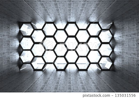 Honeycomb hexagonal grid window casting light and geometric shadows in concrete chamber, 3D render 135031556