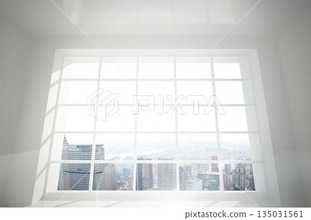 Large white grid-pattern window is framing city skyline with MetLife sign inside bright flat design Large white grid-pattern window is framing city skyline with MetLife sign inside bright flat design 135031561