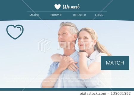 Mature couple is standing in flat design dating site hero, match button and pale blue sky 135031592