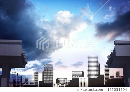 Unfinished concrete beams are framing grid-like skyline silhouette in flat design, dawn clouds 135031594