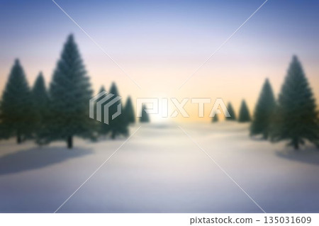 Flat design low sun rising over snow-covered meadow, scattering evergreen pines under gradient sky Flat design low sun rising over snow-covered meadow, scattering evergreen pines under gradient sky 135031609