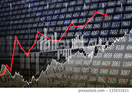 Flat design chart showing red ascending arrow rising amid blue white line charts with numeric grid 135031621