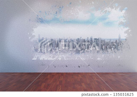 Splash on wall revealing cityscape Splash on wall revealing cityscape 135031625