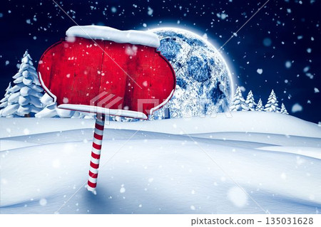 Red signboard is sitting on striped pole in snow, flat design under full moon, pine trees Red signboard is sitting on striped pole in snow, flat design under full moon, pine trees 135031628