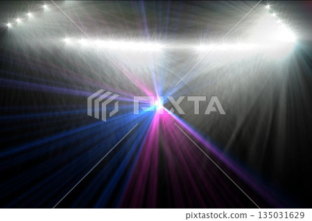 White spotlights are casting radial flares as blue magenta burst is radiating beams in vector art White spotlights are casting radial flares as blue magenta burst is radiating beams in vector art 135031629