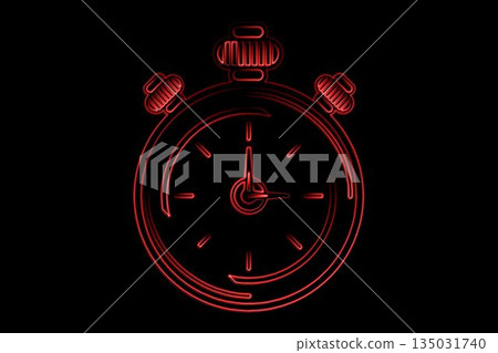 Glowing red neon stopwatch is resting on solid black background and showcasing neon signage effect Glowing red neon stopwatch is resting on solid black background and showcasing neon signage effect 135031740