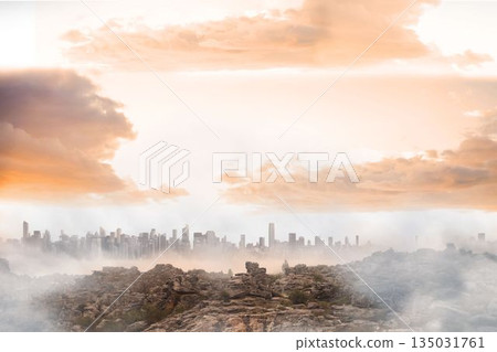 Flat design showing rocky plateau and mist surrounding distant skyscrapers under golden clouds 135031761