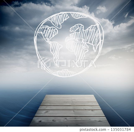 White drawn earth over sky and ocean 135031784