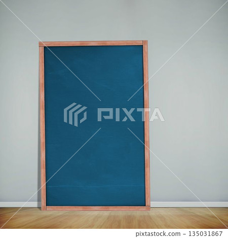 Chalkboard with wooden frame is leaning against light wall above hardwood floor, in flat design Chalkboard with wooden frame is leaning against light wall above hardwood floor, in flat design 135031867
