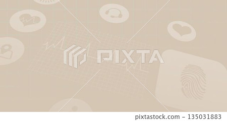 Displaying ECG waveform on faint grid in flat UI showing fingerprint heart headset and avatar icons Displaying ECG waveform on faint grid in flat UI showing fingerprint heart headset and avatar icons 135031883