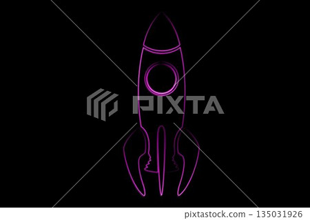 Rocket outline is glowing in flat neon purple design against solid black backdrop Rocket outline is glowing in flat neon purple design against solid black backdrop 135031926