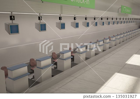 Terminal check-in counters are stretching in flat design, featuring green signage and monitors Terminal check-in counters are stretching in flat design, featuring green signage and monitors 135031927