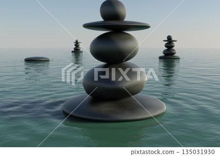 Matte black stone stacks are balancing on calm rippling water in flat design seascape illustration Matte black stone stacks are balancing on calm rippling water in flat design seascape illustration 135031930