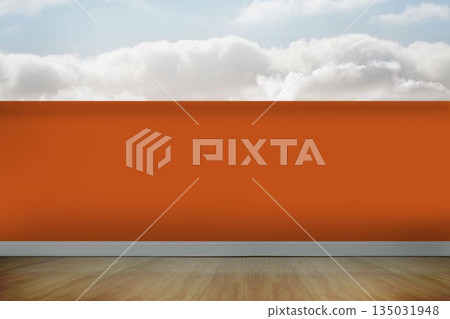 Solid red-orange wall is being shown in minimal flat style with white baseboard, deck, cloudy sky 135031948