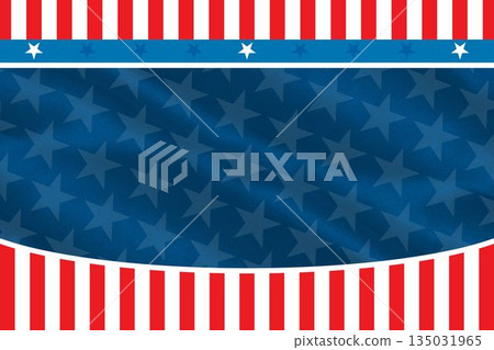 Flat patriotic banner is showing curved band with stars, red white stripes, transparent background 135031965