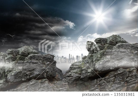 Flat design depicting jagged cliffs misty gap featuring city skyline flashing lightning shining sun 135031981
