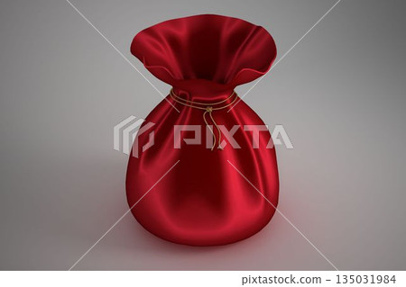Red satin pouch is resting on grey gradient background in studio 3D render, with golden cord 135031984