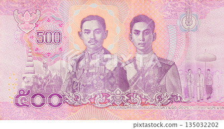 Updated Thailand cash banknote 500 baht denomination entering circulation rear view Updated Thailand cash banknote 500 baht denomination entering circulation rear view 135032202