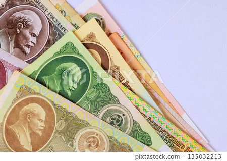 USSR Ruble banknotes from various countries displayed portrait of Lenin their unique Soviet era designs USSR Ruble banknotes from various countries displayed portrait of Lenin their unique Soviet era designs 135032213