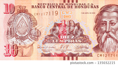 Honduras currency, Honduran bill with 10 lempira denomination issued by Banco Central De Honduras. rear view Honduras currency, Honduran bill with 10 lempira denomination issued by Banco Central De Honduras. rear view 135032215