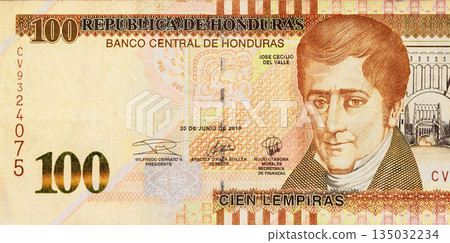 Honduras currency, Honduran bill of 100 lempiras denomination issued by Banco Central De Honduras. rear view Honduras currency, Honduran bill of 100 lempiras denomination issued by Banco Central De Honduras. rear view 135032234