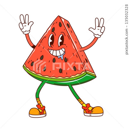 Cartoon funky groovy watermelon fruit slice character. Isolated vector retro quirky personage with expressive eyes and smiling face, cheerfully dancing with peace signs, exuding hippie summer vibes 135032328