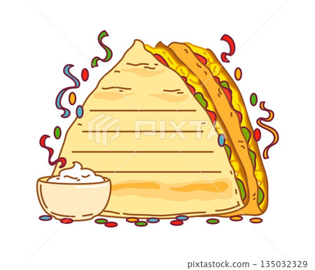 Kids memo note paper sticker with Mexican tacos frame, vector diary planner. Kids memo note of Mexican taco sandwich or Mexico food for daily plan list or message post page sheet and sticky note label 135032329