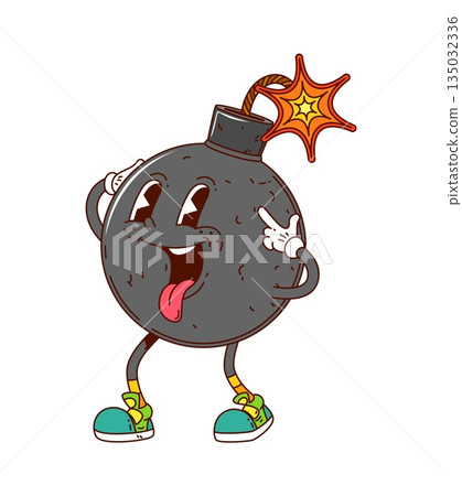 Funky groovy bomb character with burning wick and y2k hippie vibes. Cartoon vector explosive weapon retro personage with expressive eyes and vintage sneakers, cheerfully smiles as its fuse ignites 135032336