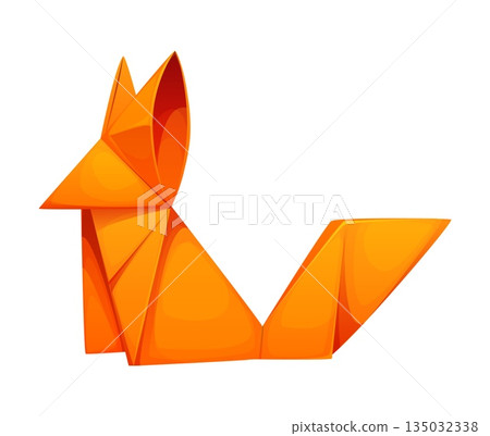 Orange origami fox Japanese paper toy crafted with sharp geometric folds and clean edges. Vector animal is shaped with pointed ears, a triangular face, and a straight tail, symbolizing Japan craft Orange origami fox Japanese paper toy crafted with sharp geometric folds and clean edges. Vector animal is shaped with pointed ears, a triangular face, and a straight tail, symbolizing Japan craft 135032338