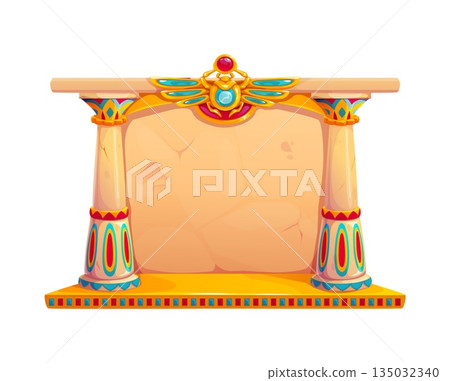 Egypt game vector icon. Ancient Egyptian column frame with two beige stone pillars. Top decorated with scarab wings, jewels, geometric ornament. Arcade game, history museum, ancient civilization frame 135032340