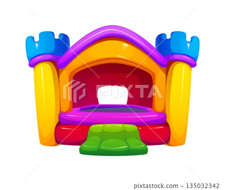 Trampoline park bouncy house, inflatable castle with yellow towers, purple roof and blue turrets, green entry step, purple rooftop. Cartoon vector outdoor amusement for kid parties, outdoor fun 135032342