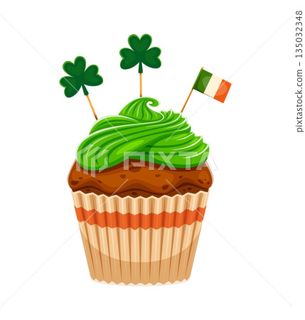 Saint Patrick's day green cupcake party dessert icon or item. St Patrick day party cartoon vector dessert, Ireland culture holiday sweet pastry icon. Irish sweet pastry with clover and Ireland flag 135032348