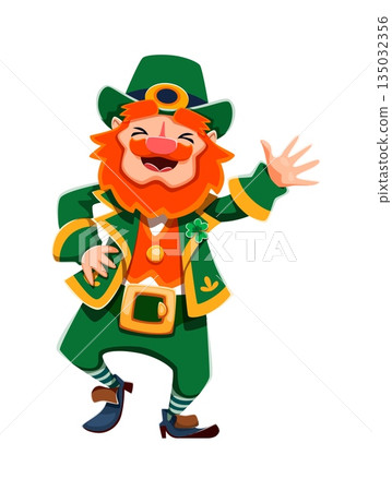Funny leprechaun character, happy St Patrick day personage with a bright orange beard, green suit, and top hat, laughing with one hand raised in greeting represents Irish folklore, joy and festivities Funny leprechaun character, happy St Patrick day personage with a bright orange beard, green suit, and top hat, laughing with one hand raised in greeting represents Irish folklore, joy and festivities 135032356