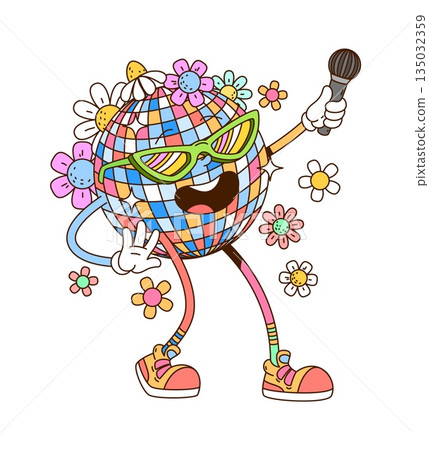 Retro cartoon groovy disco ball character posing with a cheerful smile and microphone in hand, surrounded with daisy flowers. Vector personage wearing colorful sunglasses and sneakers on dance floor 135032359
