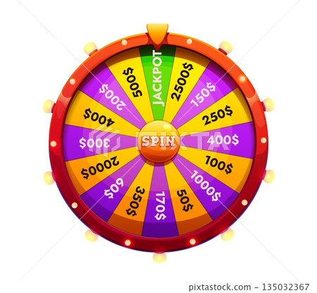 Cartoon casino gambling game icon of spinning wheel. While the top pointer indicates winnings, including a large jackpot field. Vector spinning prize wheel featuring dollar values and jackpot section 135032367