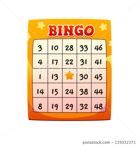 Cartoon gambling game bingo sheet for lottery rounds and casino promo. Rows and columns with black numerals grid and star icon. Vector bingo card with numbers for game activity and entertainment 135032371