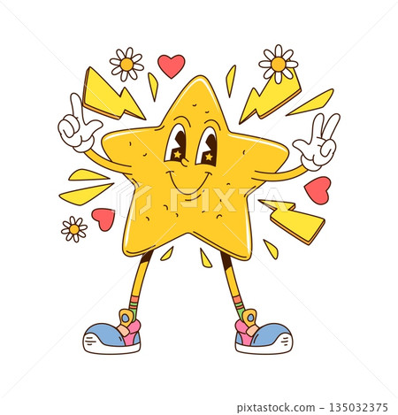 Cartoon retro groovy star vector character dancing, bursts with hearts and flashes, radiating joy and energy. Isolated vector retro jubilant twinkle personage spreading cheer and joyous holiday mood 135032375
