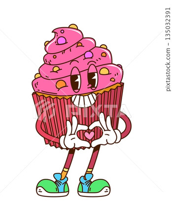 Cartoon retro groovy Valentine cupcake character with pink icing and heart gesture, evoking vintage vibes. Isolated vector cute y2k hippie muffin personage celebrates love, affection, joy or sweetness 135032391