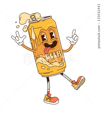 Retro cartoon groovy beer alcohol drink character. Vector funky tin can comic personage happily dancing on party with hippie vibe and erupting foam. Y2k tin can beer bottle beverage retro bar mascot Retro cartoon groovy beer alcohol drink character. Vector funky tin can comic personage happily dancing on party with hippie vibe and erupting foam. Y2k tin can beer bottle beverage retro bar mascot 135032441