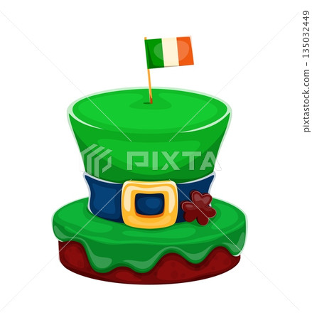 Happy St Patrick day sweet dessert of Leprechaun hat cake for Irish holiday, cartoon vector. Cookie dessert with Ireland flag and sweet chocolate shamrock clover for Saint Patrick day holiday greeting Happy St Patrick day sweet dessert of Leprechaun hat cake for Irish holiday, cartoon vector. Cookie dessert with Ireland flag and sweet chocolate shamrock clover for Saint Patrick day holiday greeting 135032449