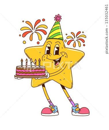 Cartoon retro groovy star vector character in party hat holding birthday cake with candles. Retro hippie y2k twinkle holiday personage with fireworks, celebration fun mood, happiness and vintage charm 135032461