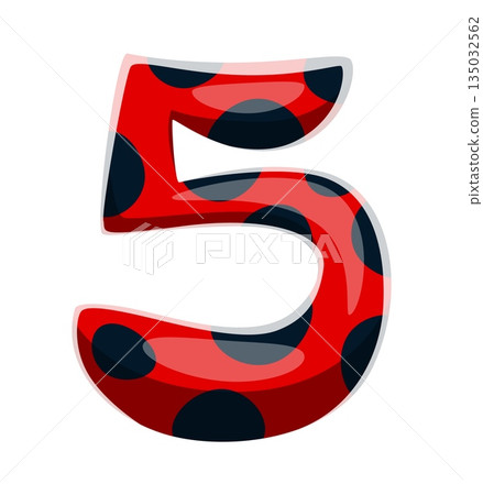 Ladybug insect font type cartoon number 5 five. Red ladybird font figure, cute insect typography vector digit. Spring lady bug type numeral symbol or garden ladybug beetle typeface number Ladybug insect font type cartoon number 5 five. Red ladybird font figure, cute insect typography vector digit. Spring lady bug type numeral symbol or garden ladybug beetle typeface number 135032562