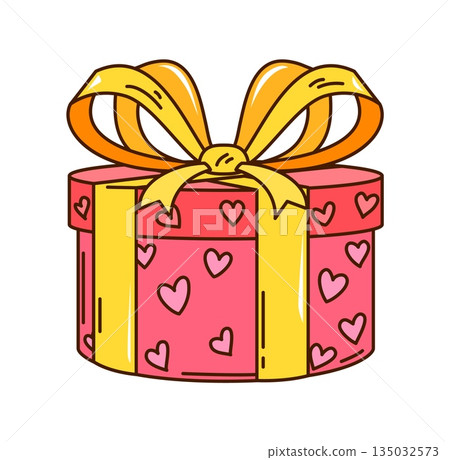 Cartoon retro groovy Valentine day round gift box with yellow ribbon and pink hearts decoration. Vector romantic holiday present. Retro hippie y2k vintage symbol of love, joy, and festive celebration Cartoon retro groovy Valentine day round gift box with yellow ribbon and pink hearts decoration. Vector romantic holiday present. Retro hippie y2k vintage symbol of love, joy, and festive celebration 135032573