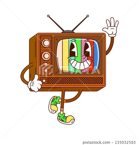 Hippie groovy retro tv vector character. Vintage brown television with antennas and control buttons, colorful striped screen and happy emotions. Harm and 1970s retro vibe funky hippie character 135032583