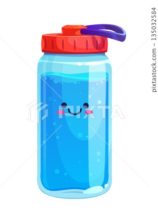 Cartoon water drink. Cute reusable bottle character with kawaii face, blushing cheeks and blue sparkling water inside. Vector cartoon sport bottle with red lid and blue handle 135032584