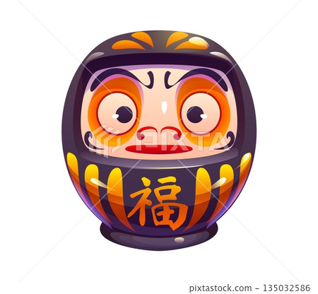 Traditional japanese Daruma doll with rounded black body decorated with golden kanji characters. Vector cartoon Daruma doll talisman with hieroglyphs symbol of success and fortune in Japanese religion Traditional japanese Daruma doll with rounded black body decorated with golden kanji characters. Vector cartoon Daruma doll talisman with hieroglyphs symbol of success and fortune in Japanese religion 135032586