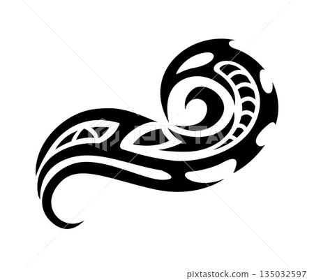 Polynesian Maori tribal tattoo or sign. Samoan tribal motif graphic sign, ethnic warrior monochrome vector print. Polynesian Maori culture black symbol or Hawaiian tribe abstract tattoo Polynesian Maori tribal tattoo or sign. Samoan tribal motif graphic sign, ethnic warrior monochrome vector print. Polynesian Maori culture black symbol or Hawaiian tribe abstract tattoo 135032597